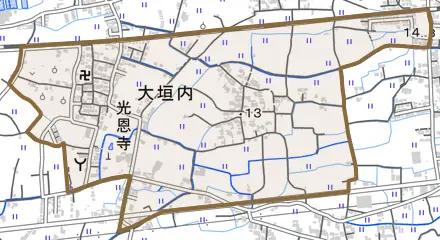 大垣内とその周辺の地図。町の範囲を重ねている