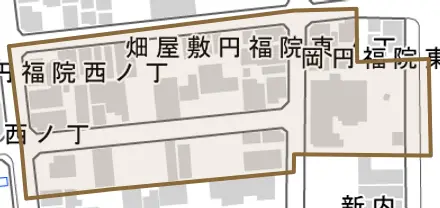 岡円福院東ノ丁とその周辺の地図。町の範囲を重ねている