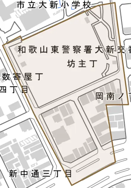岡南ノ丁とその周辺の地図。町の範囲を重ねている