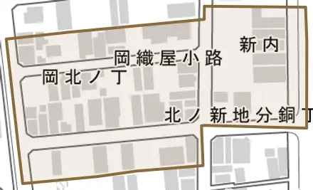 岡織屋小路とその周辺の地図。町の範囲を重ねている