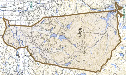 大河内とその周辺の地図。町の範囲を重ねている