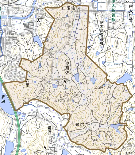奥須佐とその周辺の地図。町の範囲を重ねている