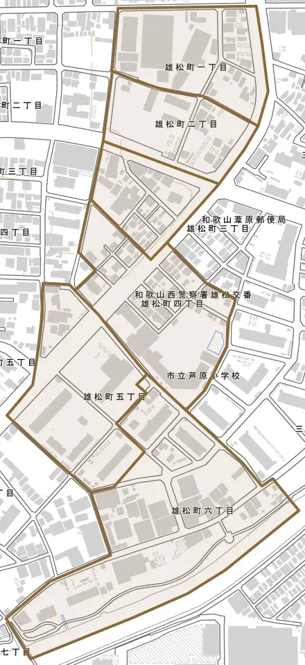 雄松町とその周辺の地図。町の範囲を重ねている