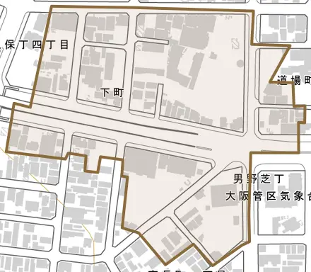 男野芝丁とその周辺の地図。町の範囲を重ねている