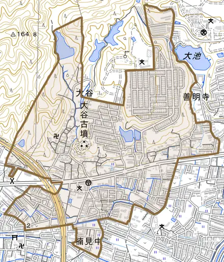 大谷とその周辺の地図。町の範囲を重ねている