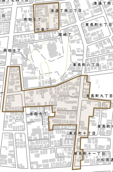 尾崎丁とその周辺の地図。町の範囲を重ねている