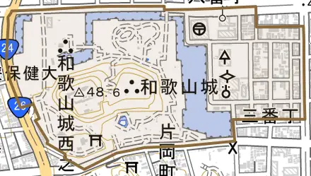 六番丁とその周辺の地図。町の範囲を重ねている