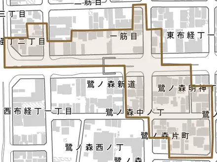 鷺ノ森明神丁とその周辺の地図。町の範囲を重ねている