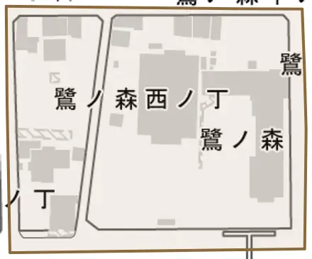 鷺ノ森西ノ丁とその周辺の地図。町の範囲を重ねている