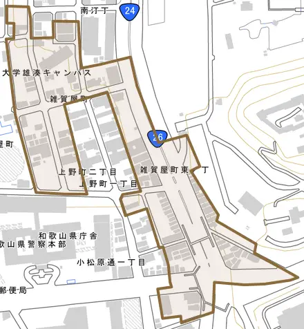 雑賀屋町とその周辺の地図。町の範囲を重ねている