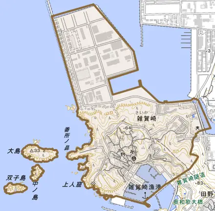 雑賀崎とその周辺の地図。町の範囲を重ねている