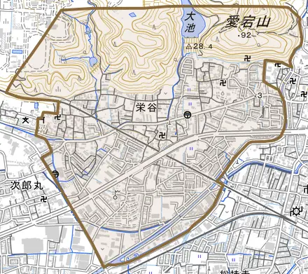 栄谷とその周辺の地図。町の範囲を重ねている