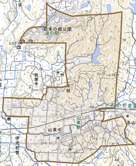 山東中とその周辺の地図。町の範囲を重ねている