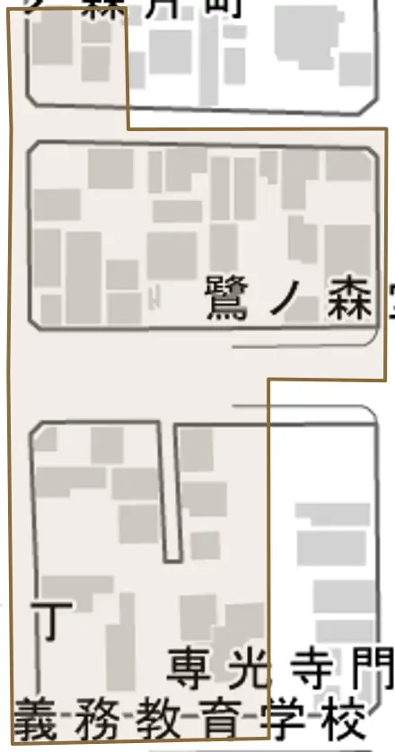 専光寺門前丁とその周辺の地図。町の範囲を重ねている
