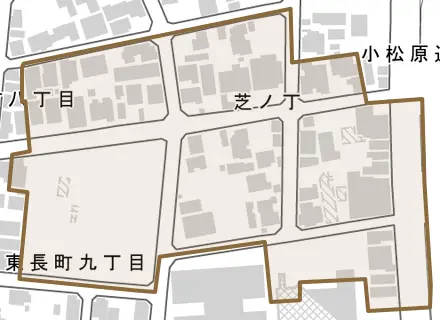 芝ノ丁とその周辺の地図。町の範囲を重ねている