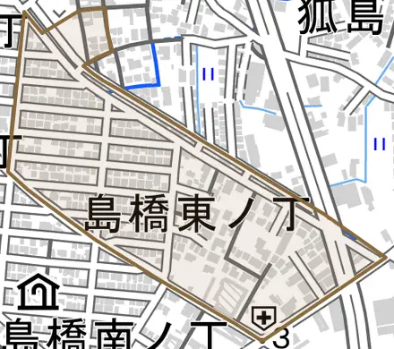 島橋東ノ丁とその周辺の地図。町の範囲を重ねている