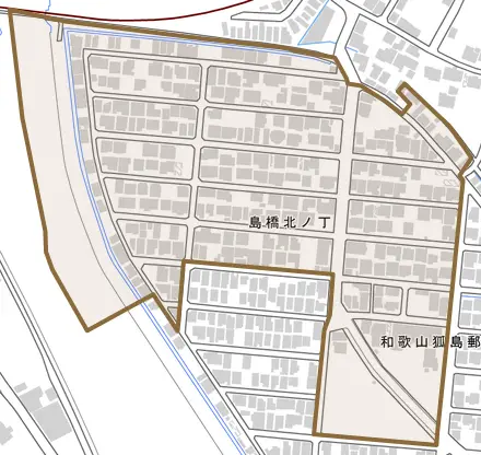 島橋北ノ丁とその周辺の地図。町の範囲を重ねている