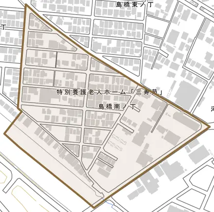 島橋南ノ丁とその周辺の地図。町の範囲を重ねている