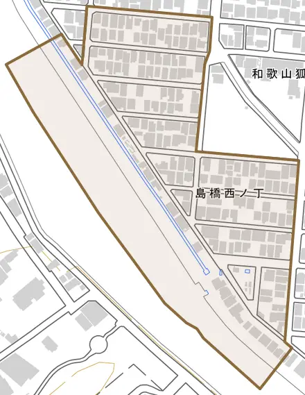 島橋西ノ丁とその周辺の地図。町の範囲を重ねている