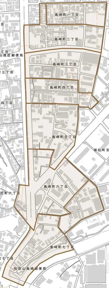 島崎町とその周辺の地図。町の範囲を重ねている