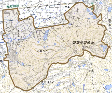 下三毛とその周辺の地図。町の範囲を重ねている