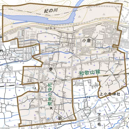 新庄とその周辺の地図。町の範囲を重ねている