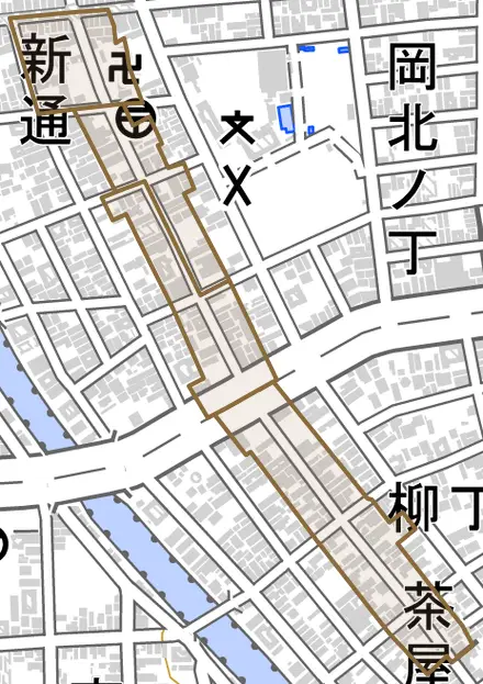 新中通とその周辺の地図。町の範囲を重ねている