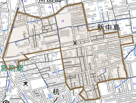 新中島とその周辺の地図。町の範囲を重ねている