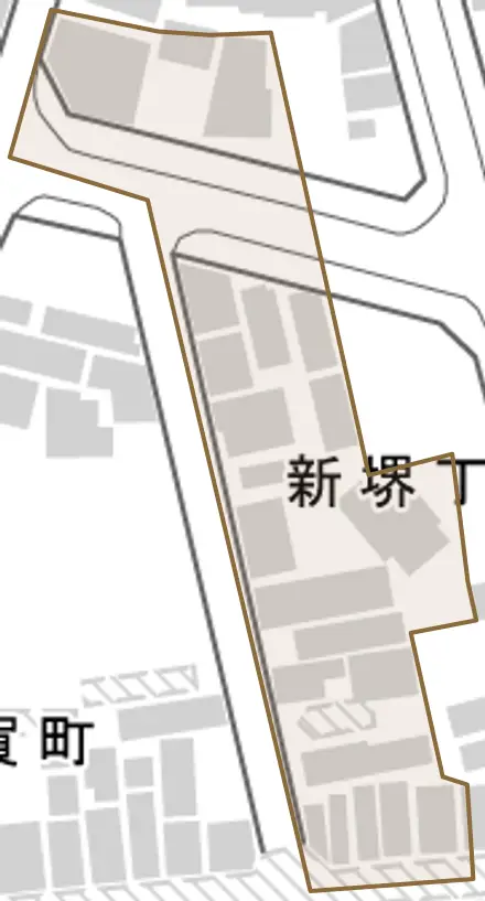 新堺丁とその周辺の地図。町の範囲を重ねている