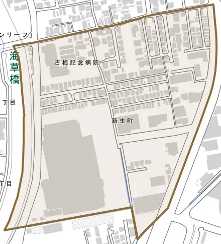 新生町とその周辺の地図。町の範囲を重ねている