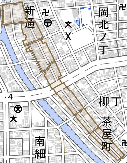 新通とその周辺の地図。町の範囲を重ねている