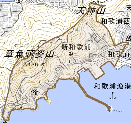 新和歌浦とその周辺の地図。町の範囲を重ねている