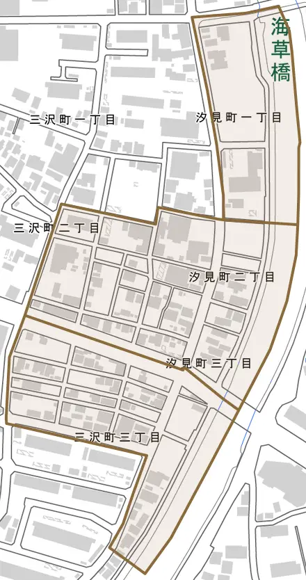 汐見町とその周辺の地図。町の範囲を重ねている