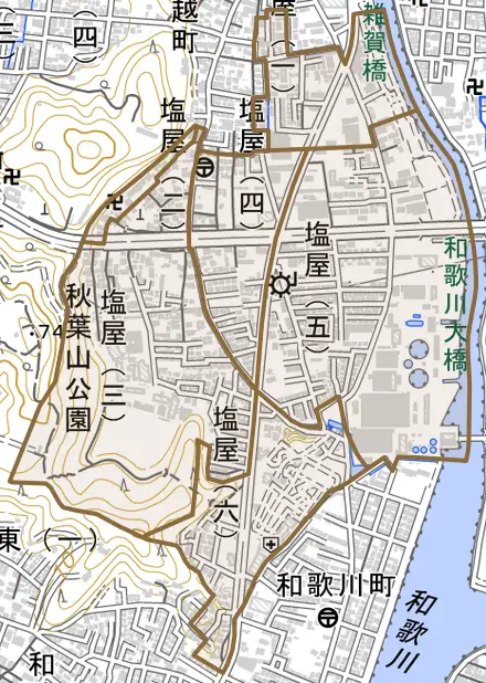 塩屋とその周辺の地図。町の範囲を重ねている