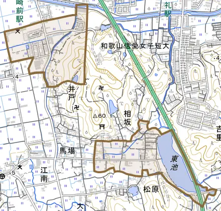 相坂とその周辺の地図。町の範囲を重ねている