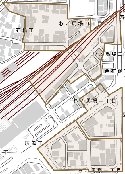 杉ノ馬場とその周辺の地図。町の範囲を重ねている
