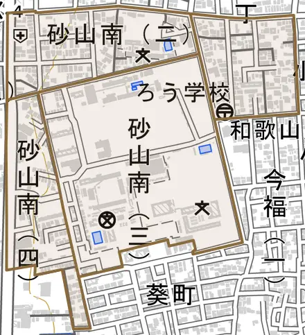 砂山南とその周辺の地図。町の範囲を重ねている