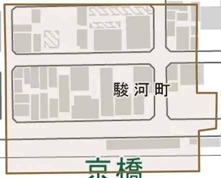 駿河町とその周辺の地図。町の範囲を重ねている