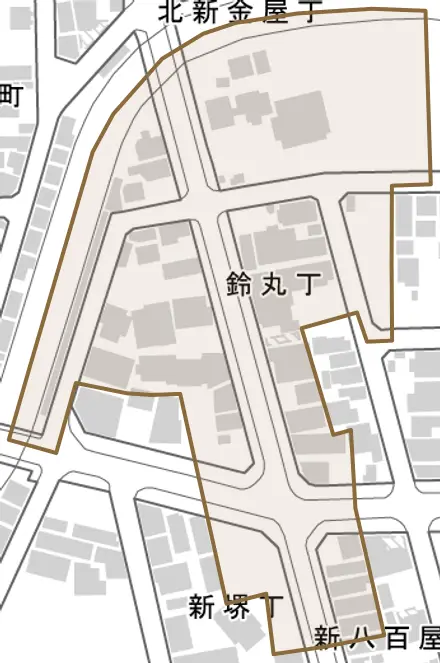 鈴丸丁とその周辺の地図。町の範囲を重ねている