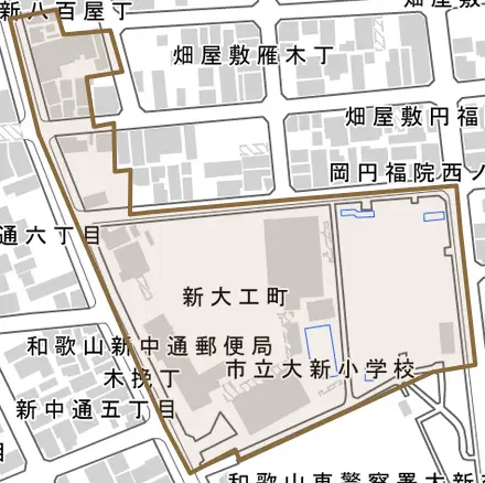 岡袋町とその周辺の地図。町の範囲を重ねている