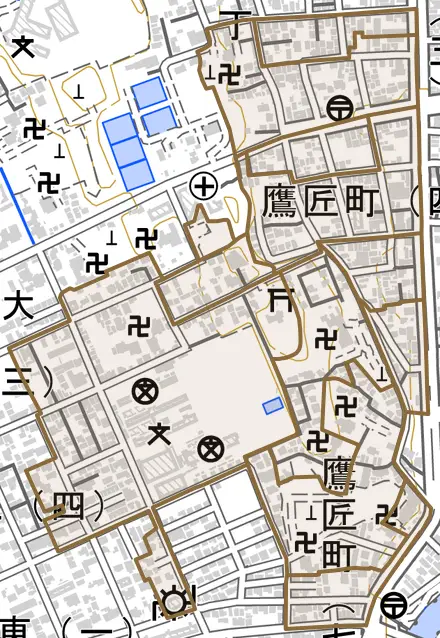 鷹匠町とその周辺の地図。町の範囲を重ねている