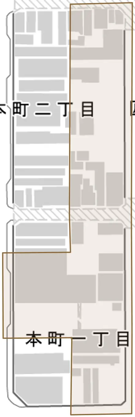 匠町とその周辺の地図。町の範囲を重ねている