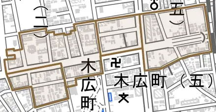 田中町とその周辺の地図。町の範囲を重ねている