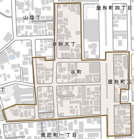 谷町とその周辺の地図。町の範囲を重ねている