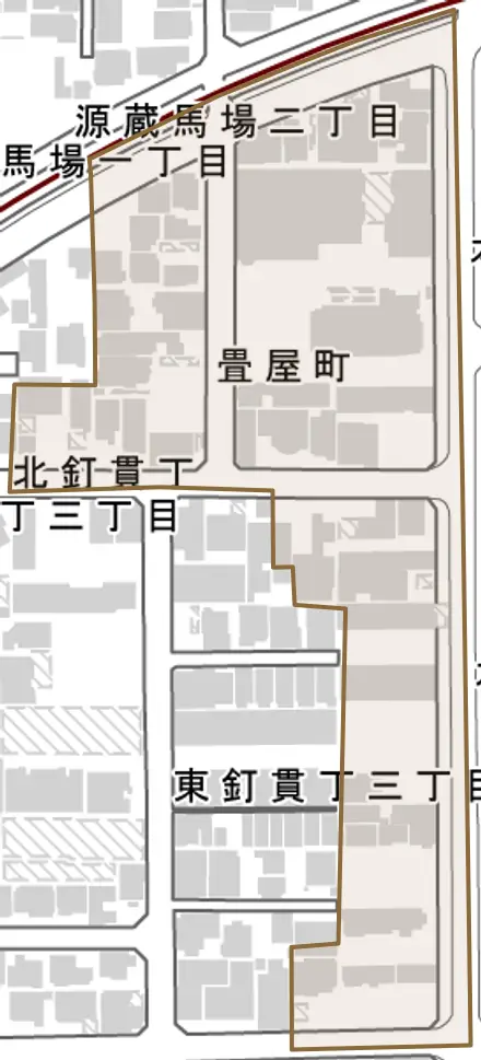 畳屋町とその周辺の地図。町の範囲を重ねている