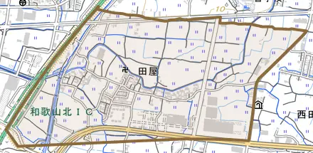 田屋とその周辺の地図。町の範囲を重ねている