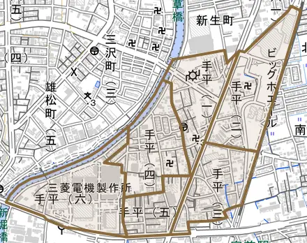 手平とその周辺の地図。町の範囲を重ねている