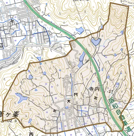 寺内とその周辺の地図。町の範囲を重ねている