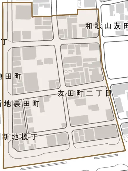 友田町とその周辺の地図。町の範囲を重ねている