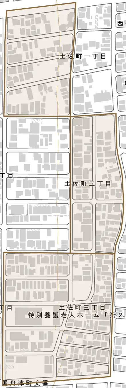 土佐町とその周辺の地図。町の範囲を重ねている